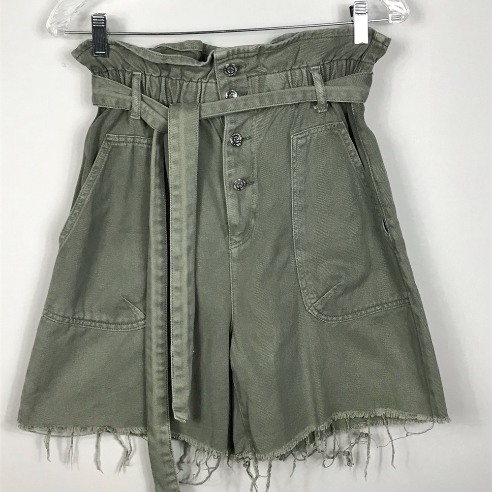 Zara Women’s Denim Green Shorts High Rise Paper Bag Twill Buttoned Belted Size 8